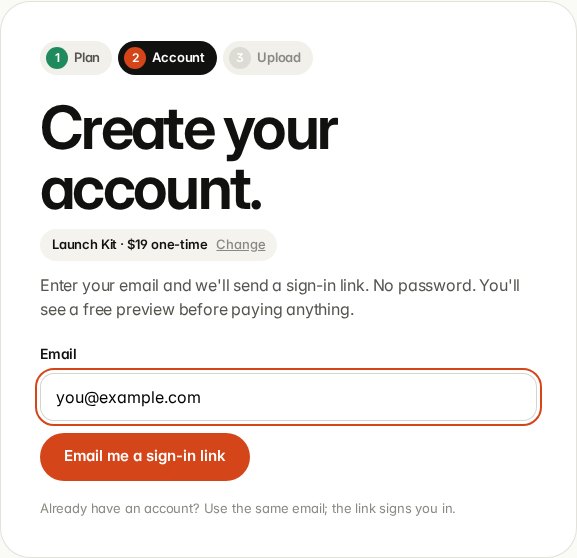 The Create your account page with an email address typed in