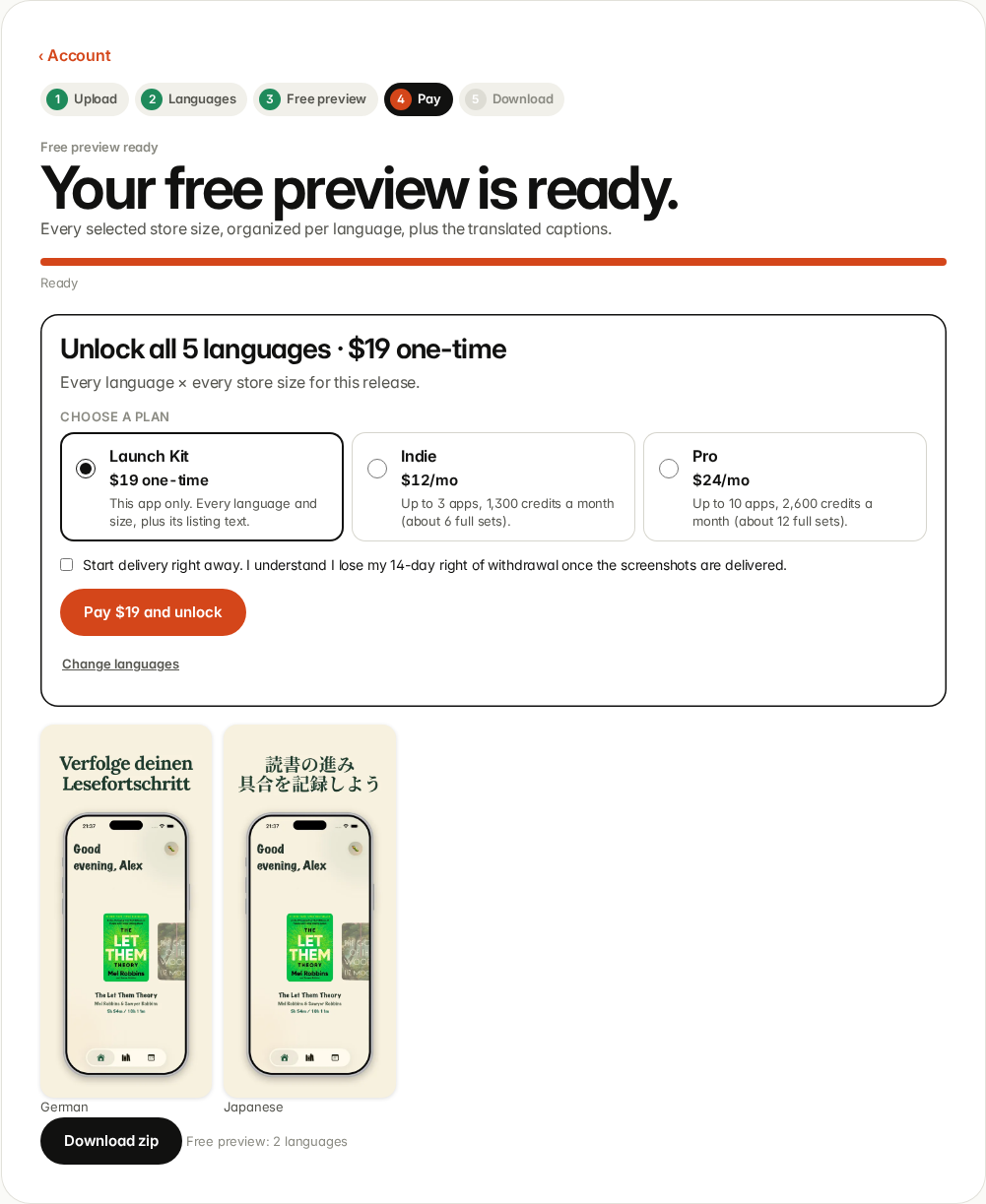 Your free preview is ready, with German and Japanese thumbnails and a Download zip button