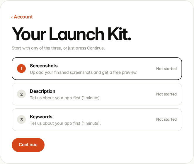 The Your Launch Kit checklist with Screenshots, Description and Keywords, all Not started