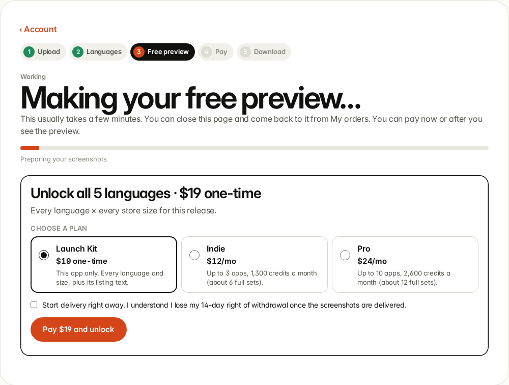 The Making your free preview page with a progress bar and the plan choices below