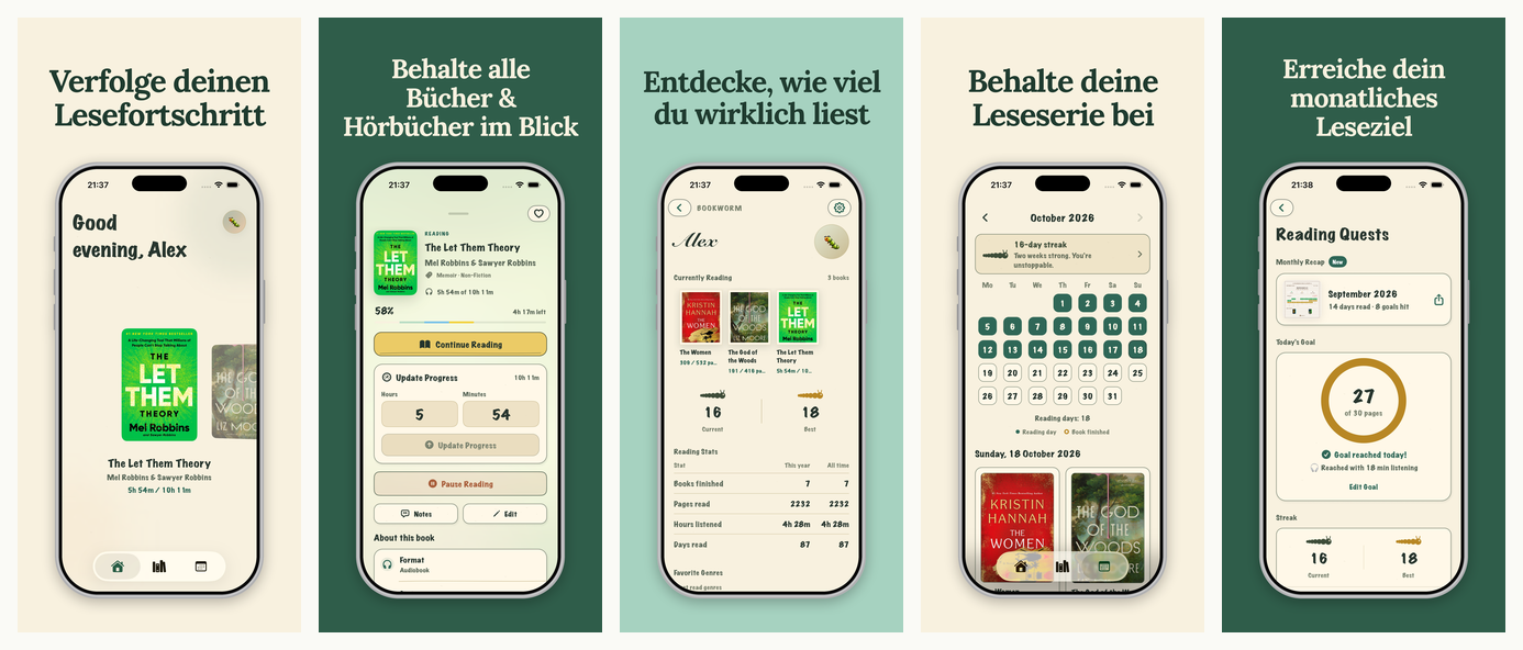 Five framed BookWorm screenshots with German captions on cream and green backgrounds