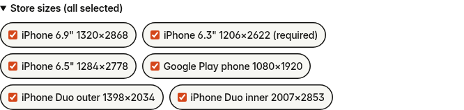 The Store sizes list with all five sizes ticked