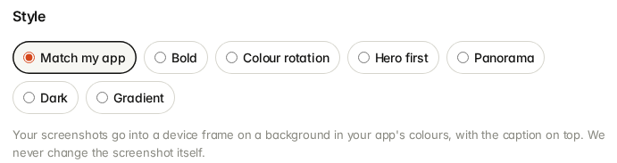 The Style choices: Match my app, Bold, Colour rotation, Hero first, Panorama, Dark and Gradient