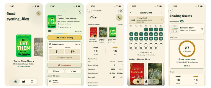 Five BookWorm screenshots in a row: home, book details, stats, streak calendar and reading quests