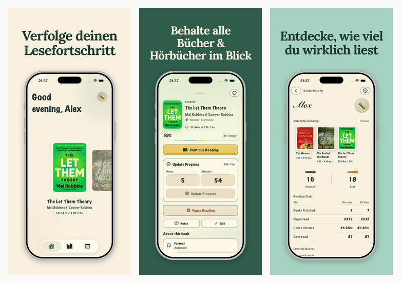 The same three screenshots on cream and forest green backgrounds with dark green serif headlines