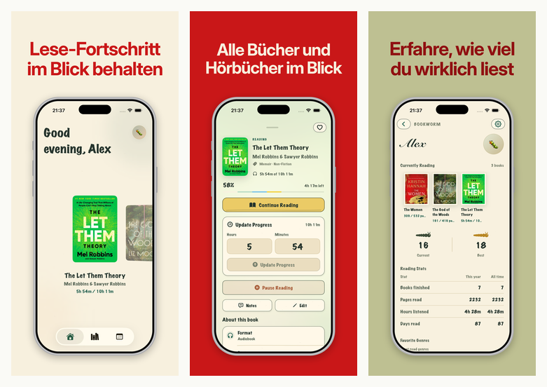 Three BookWorm screenshots on red and olive backgrounds with red headlines