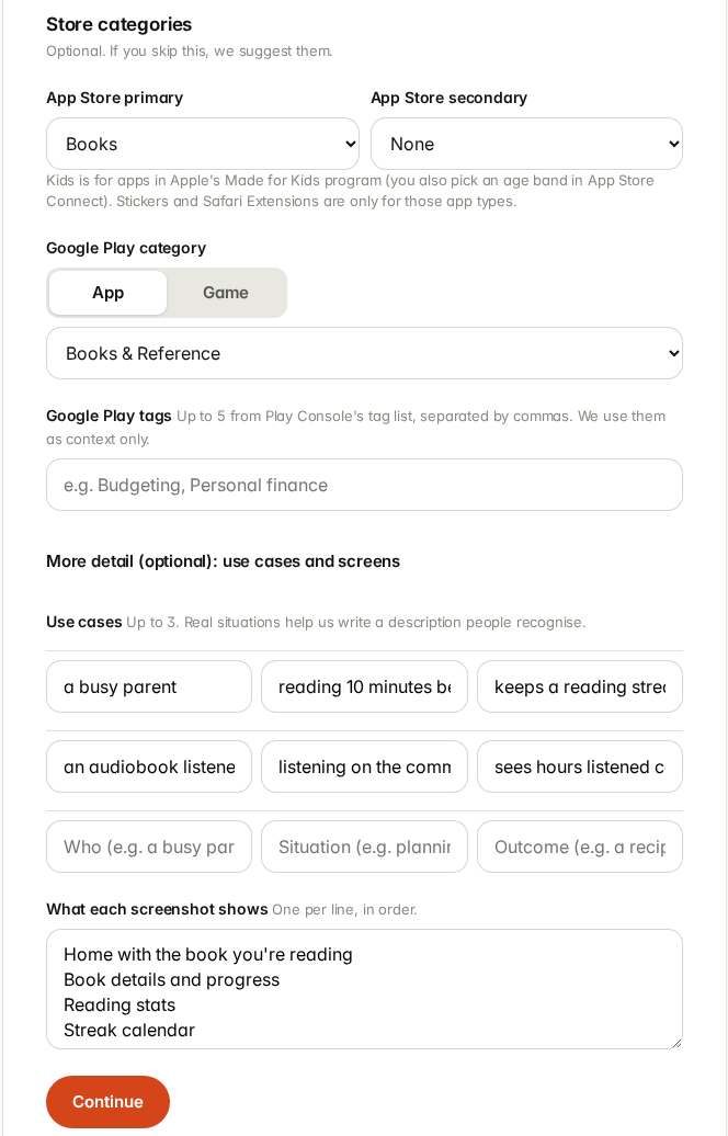 Store categories set to Books and Books & Reference, two use cases and a list of screens