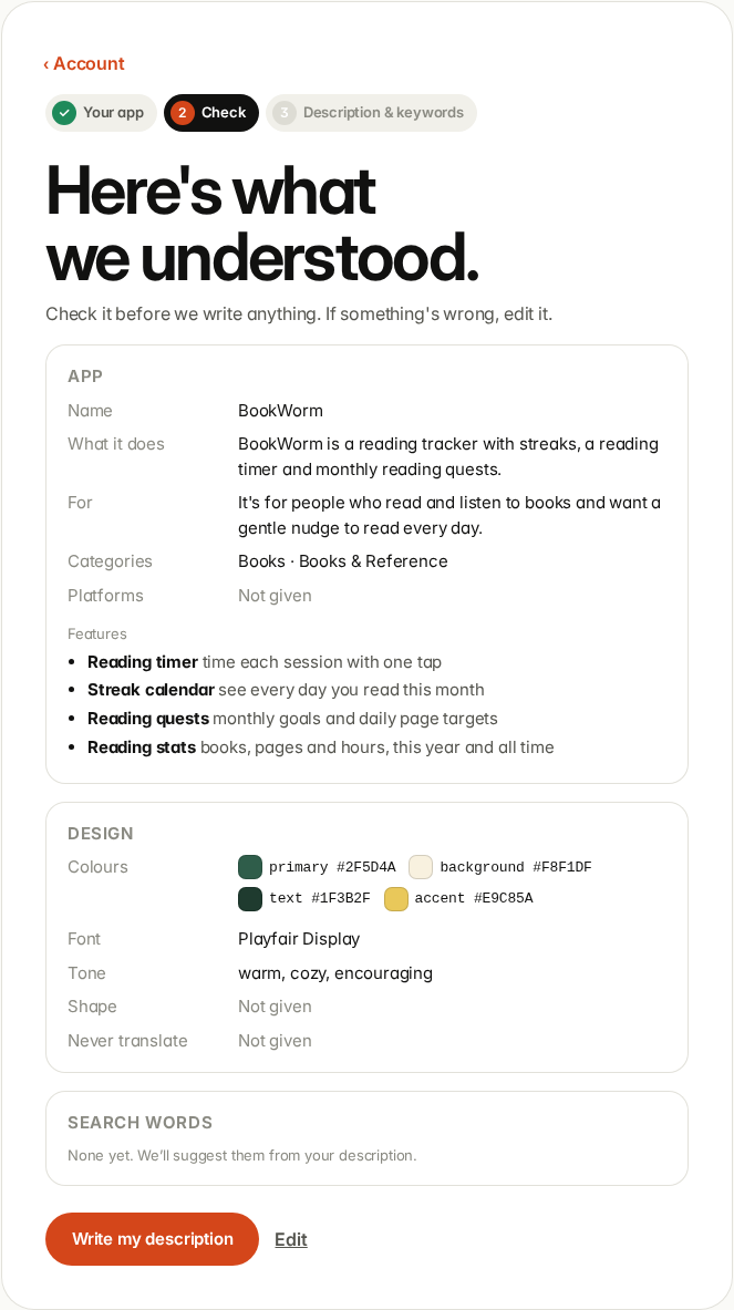 Here's what we understood: BookWorm's details, four colour swatches, Playfair Display font and a warm, cozy, encouraging tone
