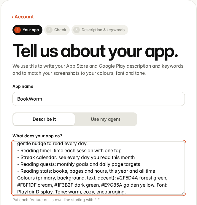 The Tell us about your app form filled in for BookWorm