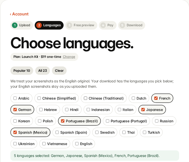 The Choose languages step with German, Japanese, Spanish (Mexico), French and Portuguese (Brazil) ticked