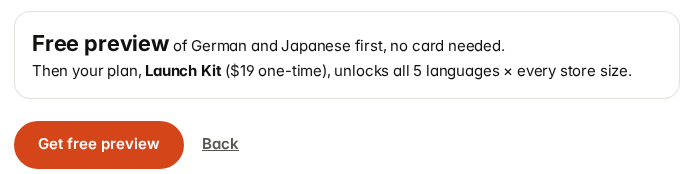The price box: Free preview of German and Japanese first, no card needed, then your plan unlocks all 5 languages
