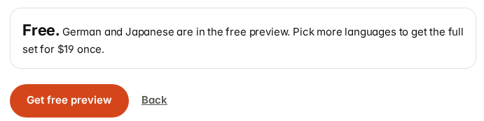 The price box when only German and Japanese are picked: Free