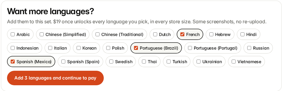 Want more languages? with French, Portuguese (Brazil) and Spanish (Mexico) ticked and an Add 3 languages and continue to pay button