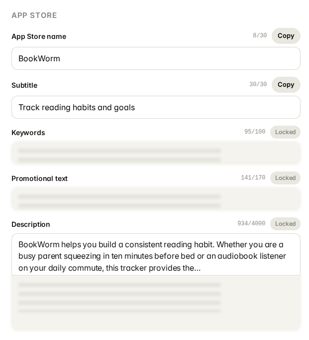 The App Store fields: name and subtitle with Copy buttons, keywords, promotional text and description locked