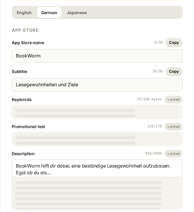The German tab with the App Store name, a German subtitle and the locked fields