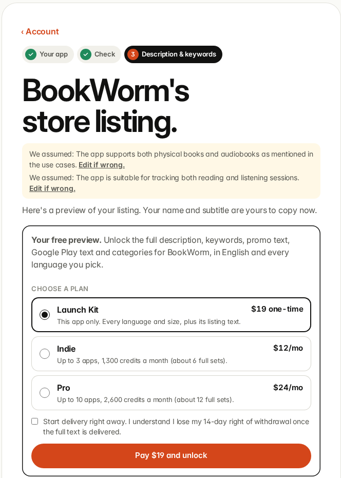 BookWorm's store listing with two We assumed notes and the plan choices to unlock the full text