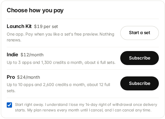 The plan box on the account page with the consent box ticked and Subscribe buttons for Indie and Pro