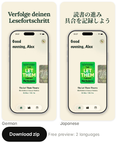 The free preview thumbnails with a Download zip button and the note Free preview: 2 languages