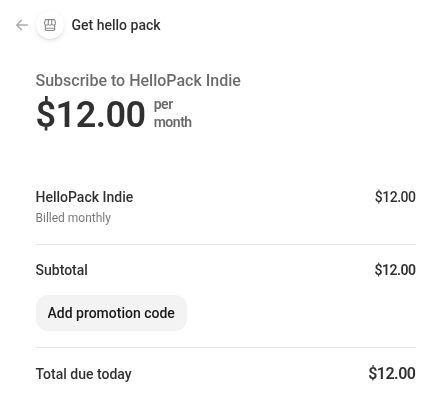 The order summary on Stripe's checkout page for HelloPack Indie at $12.00 a month