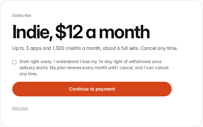 Indie, $12 a month, with the consent box and a Continue to payment button