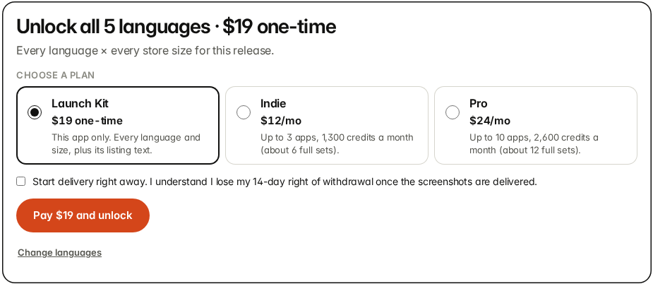 The unlock panel with Launch Kit selected, the consent checkbox and a Pay $19 and unlock button