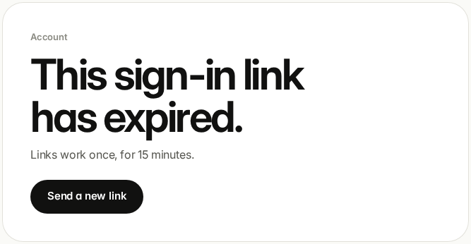 This sign-in link has expired, with a Send a new link button