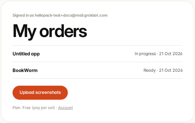 My orders with BookWorm marked Ready and an Untitled app marked In progress