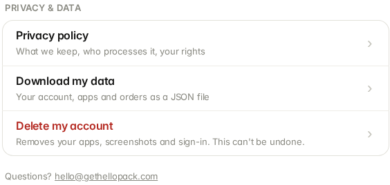 Privacy & data on the account page: Privacy policy, Download my data and Delete my account