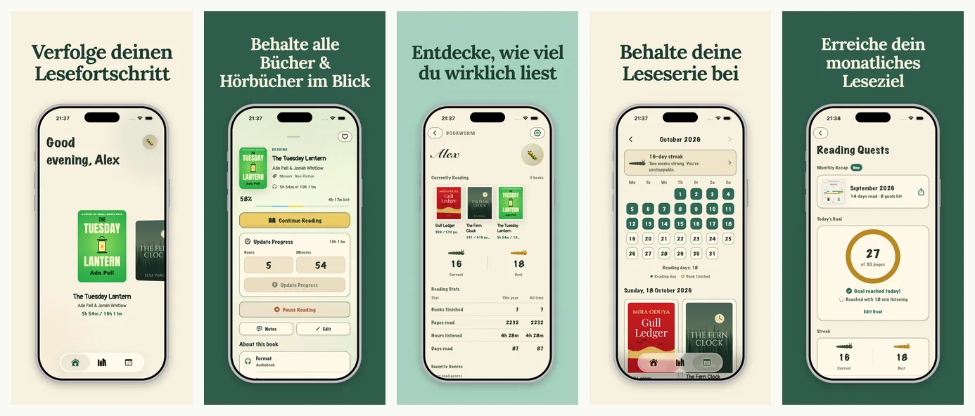 BookWorm, a HelloPack demo app: five iPhone screenshots with German captions
