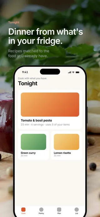 Pantry Chef App Store screenshot 1 in English: Dinner from what's in your fridge.