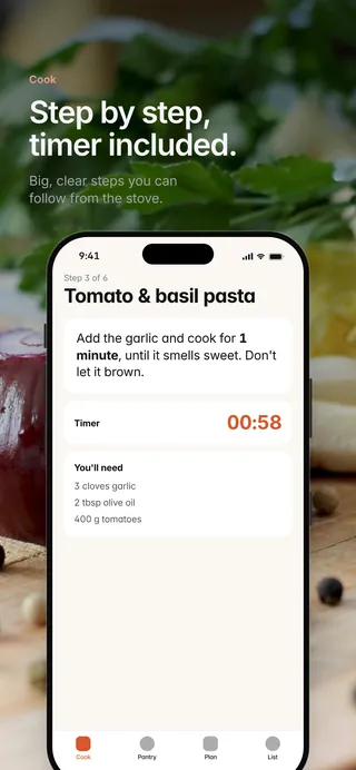 Pantry Chef App Store screenshot 2 in English: Step by step, timer included.