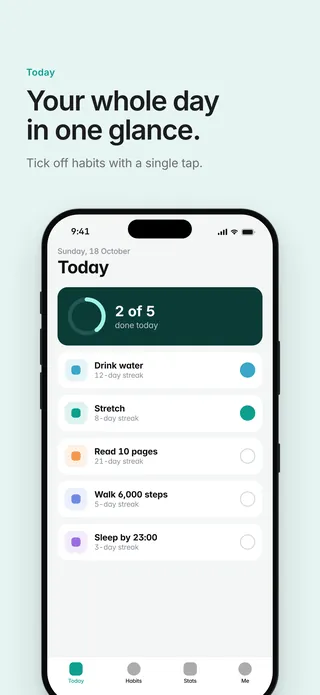 Streakly App Store screenshot 1 in English: Your whole day in one glance.
