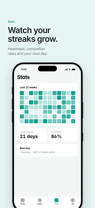 Streakly App Store screenshot 2 in English: Watch your streaks grow.