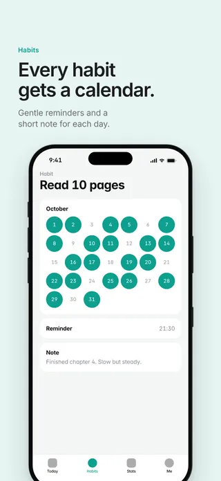 Streakly App Store screenshot 3 in English: Every habit gets a calendar.